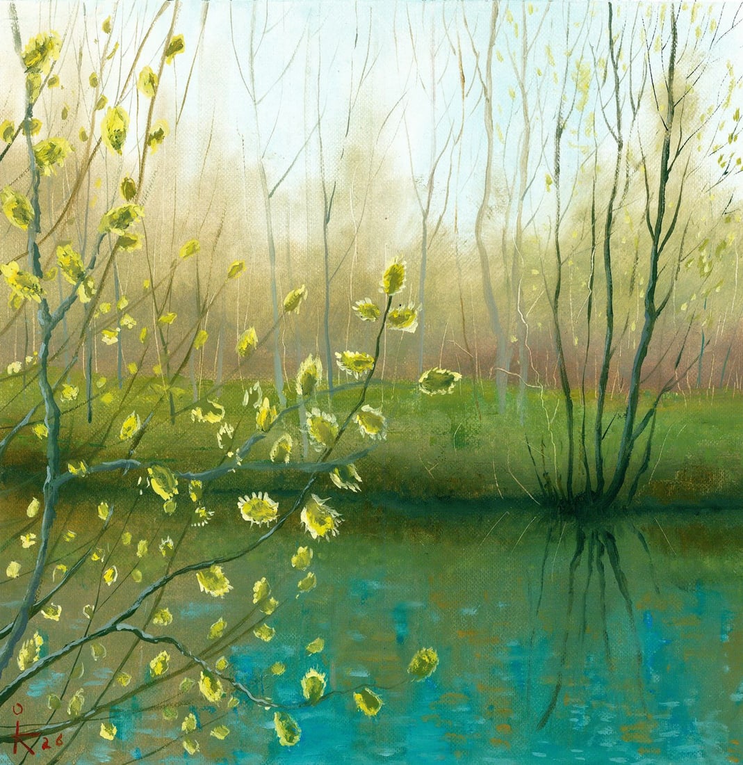 Inna Kravtsova (Ukraine,20/21C) oil painting: ARTIST: Inna Kravtsova (Ukraine, 20/21 centuries) TITLE: Spring River Landscape MEDIUM: oil on heavy paper CONDITION: Very good. No visible inpaint under UV light.