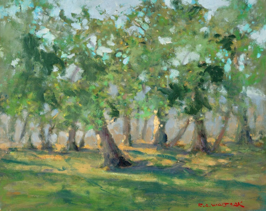 Robert Waltsak (NJ,b 1944) oil painting: ARTIST: Robert Alan Waltsak (New Jersey, born 1944) TITLE: Forest Landscape MEDIUM: oil on board CONDITION: Few minor paint losses. Minor damages to corners. No visible inpa