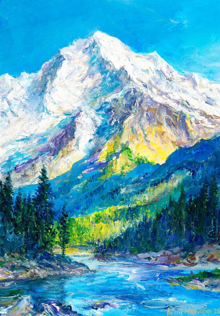 Andriy Matveiev (Ukraine,b 1988) oil painting: ARTIST: Andriy Matveiev (Ukraine, born 1988) TITLE: Mountain Landscape with River MEDIUM: oil on heavy paper CONDITION: Very good. No visible inpaint under UV light.
