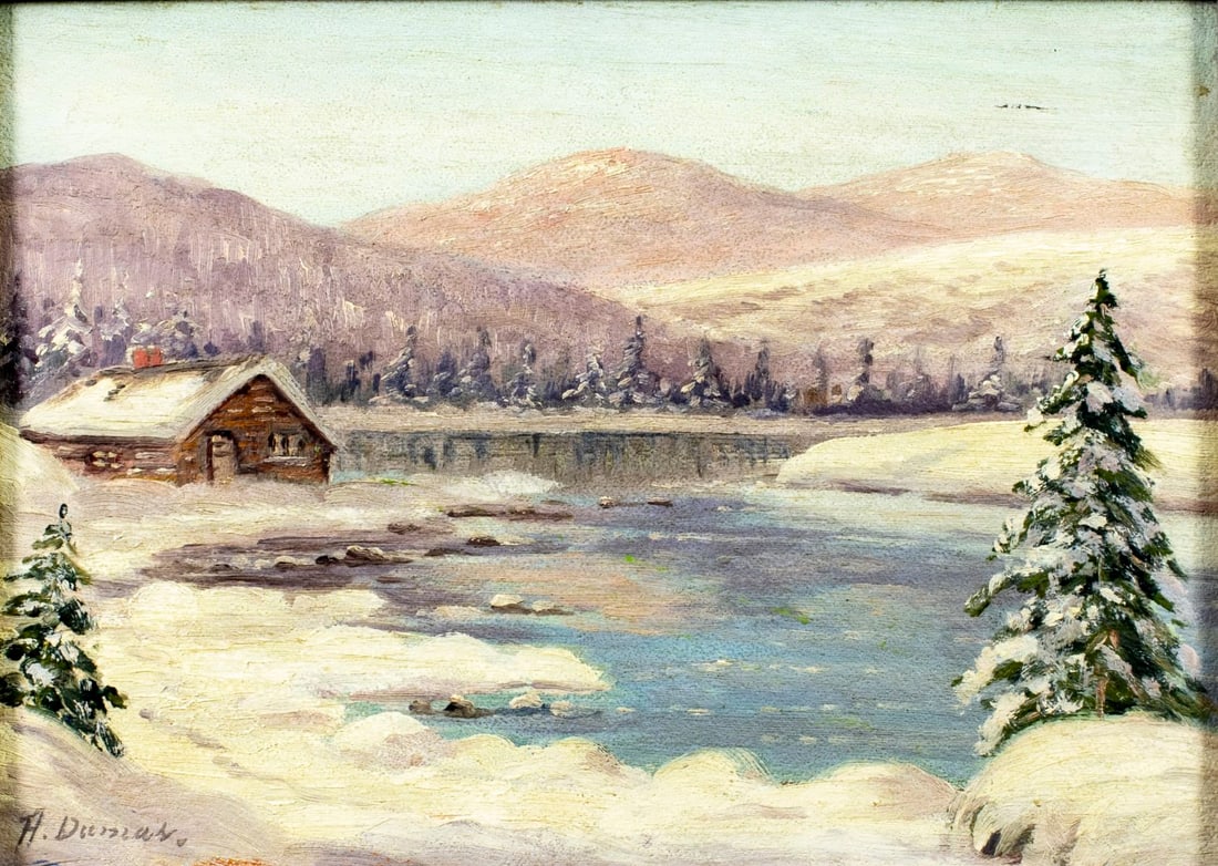Antique 19C European oil painting signed: ARTIST: - (Europe, 19 century) TITLE: Winter River Landscape with House MEDIUM: oil on board CONDITION: Few small faint scratches. No visible inpaint under UV light. <