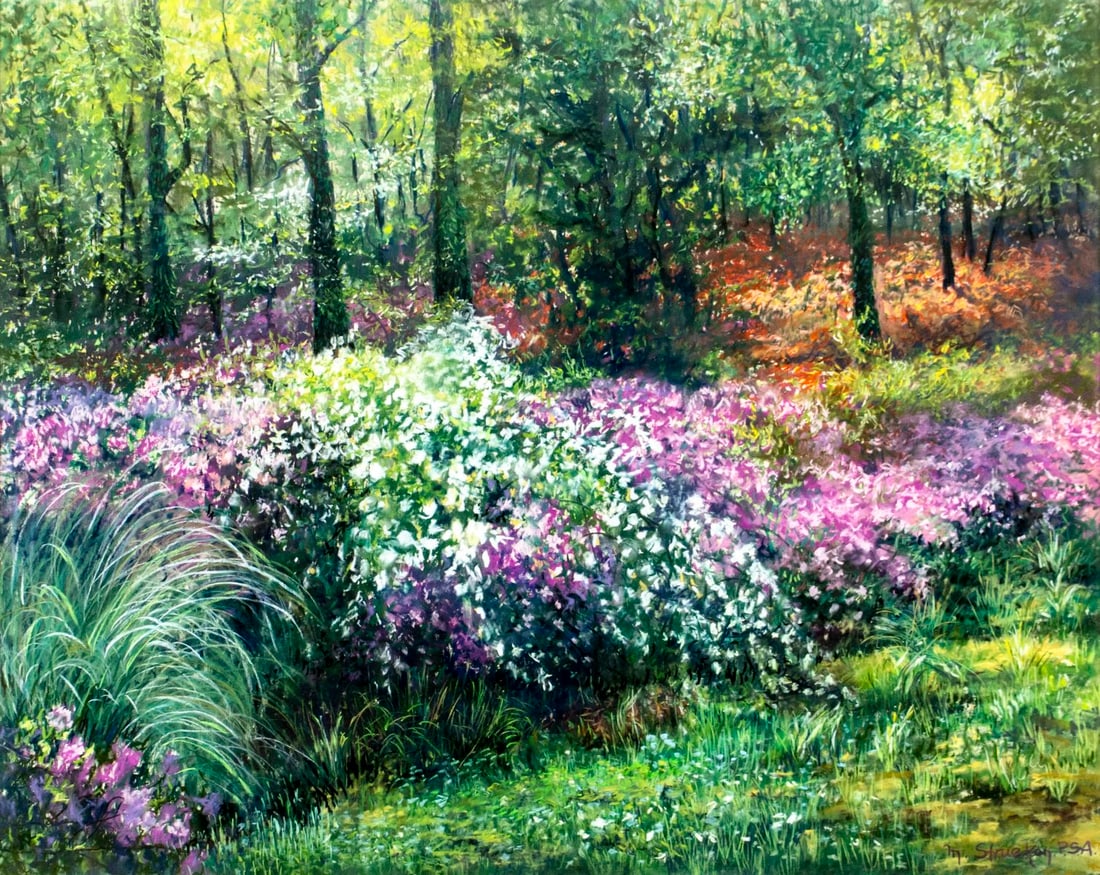 Marion Strueken Bachman (US,20C) pastel painting: ARTIST: Marion Strueken Bachman (American, 20 century) TITLE: Landscape - Early Spring (titled on verso) MEDIUM: pastel on paper CONDITION: Overall good. Framed under glass.