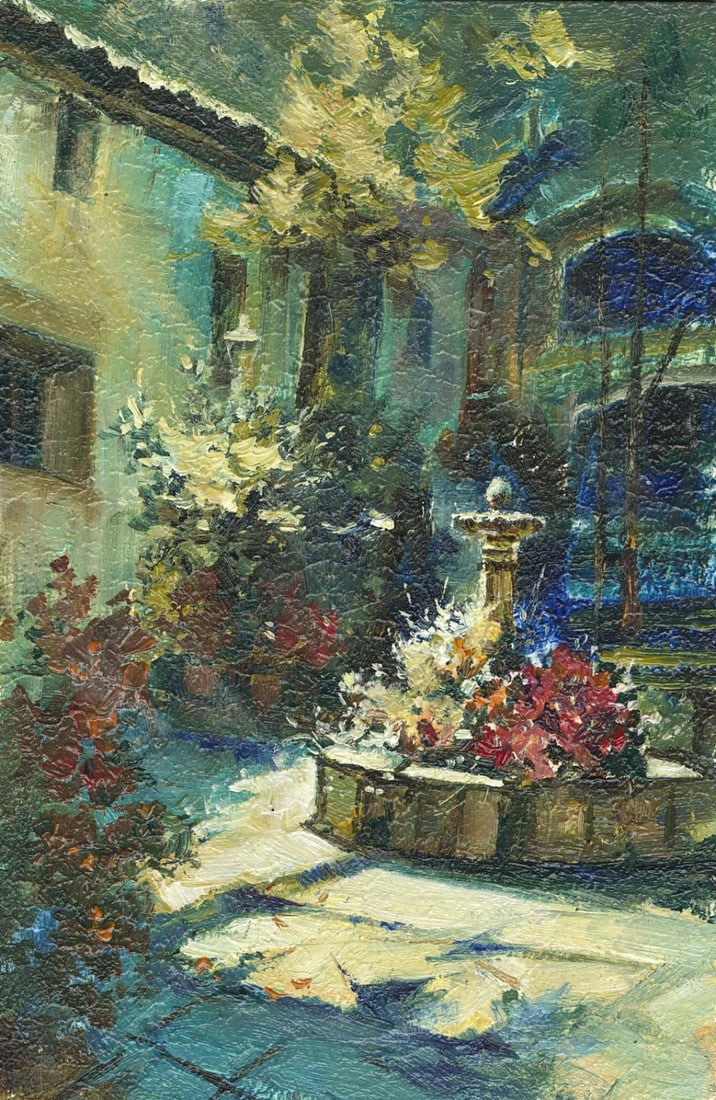 Sergey Kozachkin (Ukraine,b 1965) oil painting: ARTIST: Sergey Vasilievich Kozachkin (Ukraine, born 1965) TITLE: Garden Landscape with Fountain MEDIUM: oil on board CONDITION: Very good. No visible inpaint under UV light.