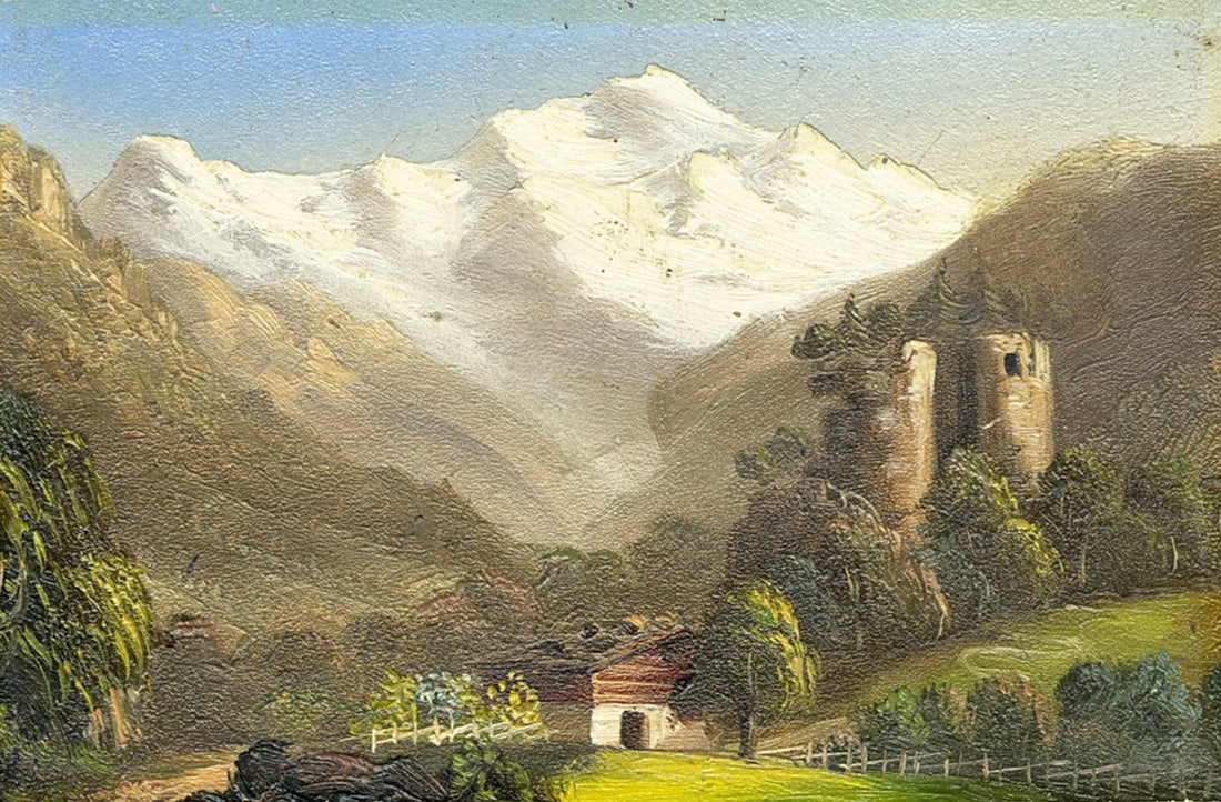 Antique early 20C Swiss oil painting: ARTIST: - (Switzerland, early 20 century) TITLE: Mountain Landscape with Cottage, Switzerland MEDIUM: oil on heavy paper CONDITION: Few minor paint losses. No visible inpain