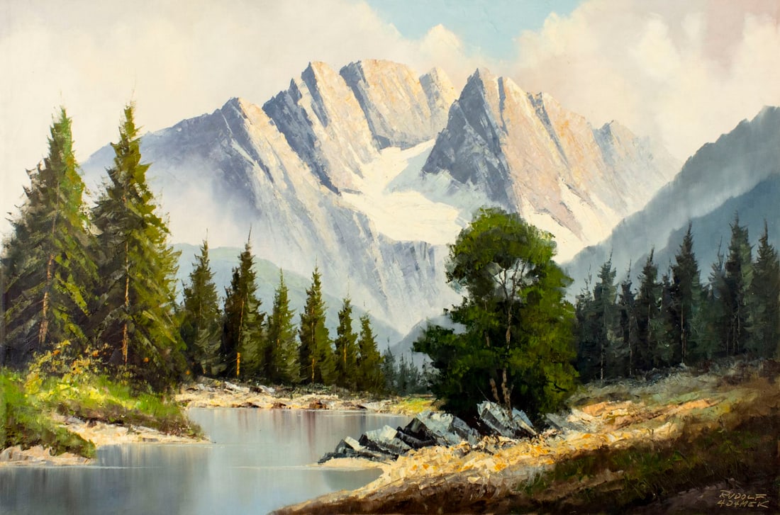 Rudolf Adamek (Europe,20C) oil painting: ARTIST: Rudolf Adamek (European, 20 century) TITLE: Mountain Landscape MEDIUM: oil on canvas CONDITION: Unstretched (In-House stretching available) (In-House stretching avai