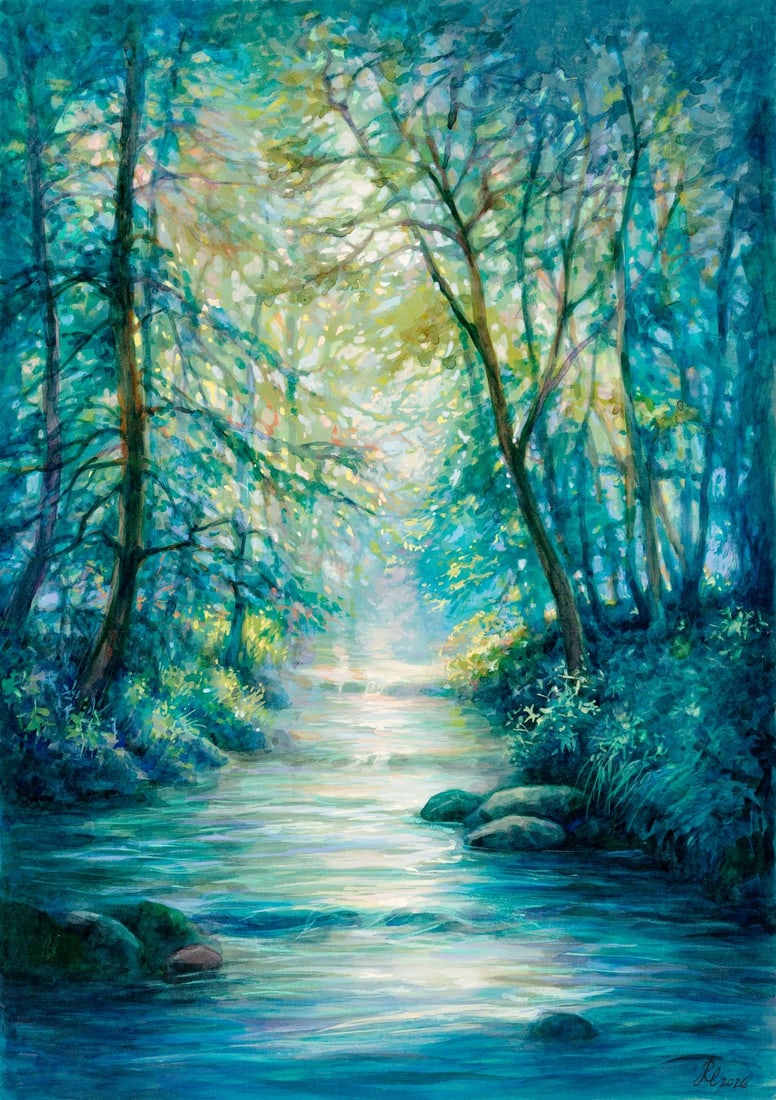 Lyudmila Rudenko (Ukraine,20/21C) watercolor painting: ARTIST: Lyudmila Rudenko (Ukraine, 20/21 centuries) TITLE: Forest River Landscape MEDIUM: watercolor on heavy paper CONDITION: Very good. ART SIZE: 17 x
