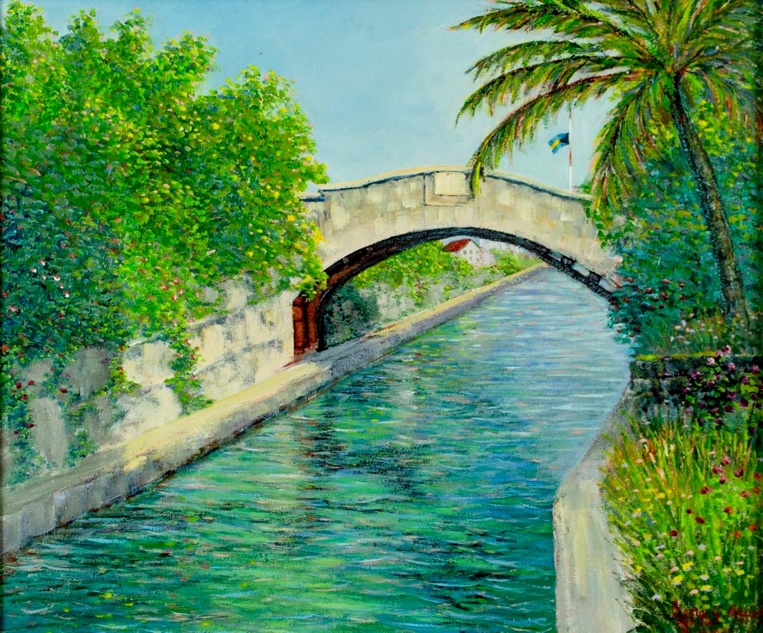 George Bleich (CA,1936-?) oil painting: ARTIST: George J Bleich (California, 1936 - ???) TITLE: Bridge Landscape, Paradise Island, Bahamas YEAR: 1987 MEDIUM: oil on canvas CONDITION: Very goo