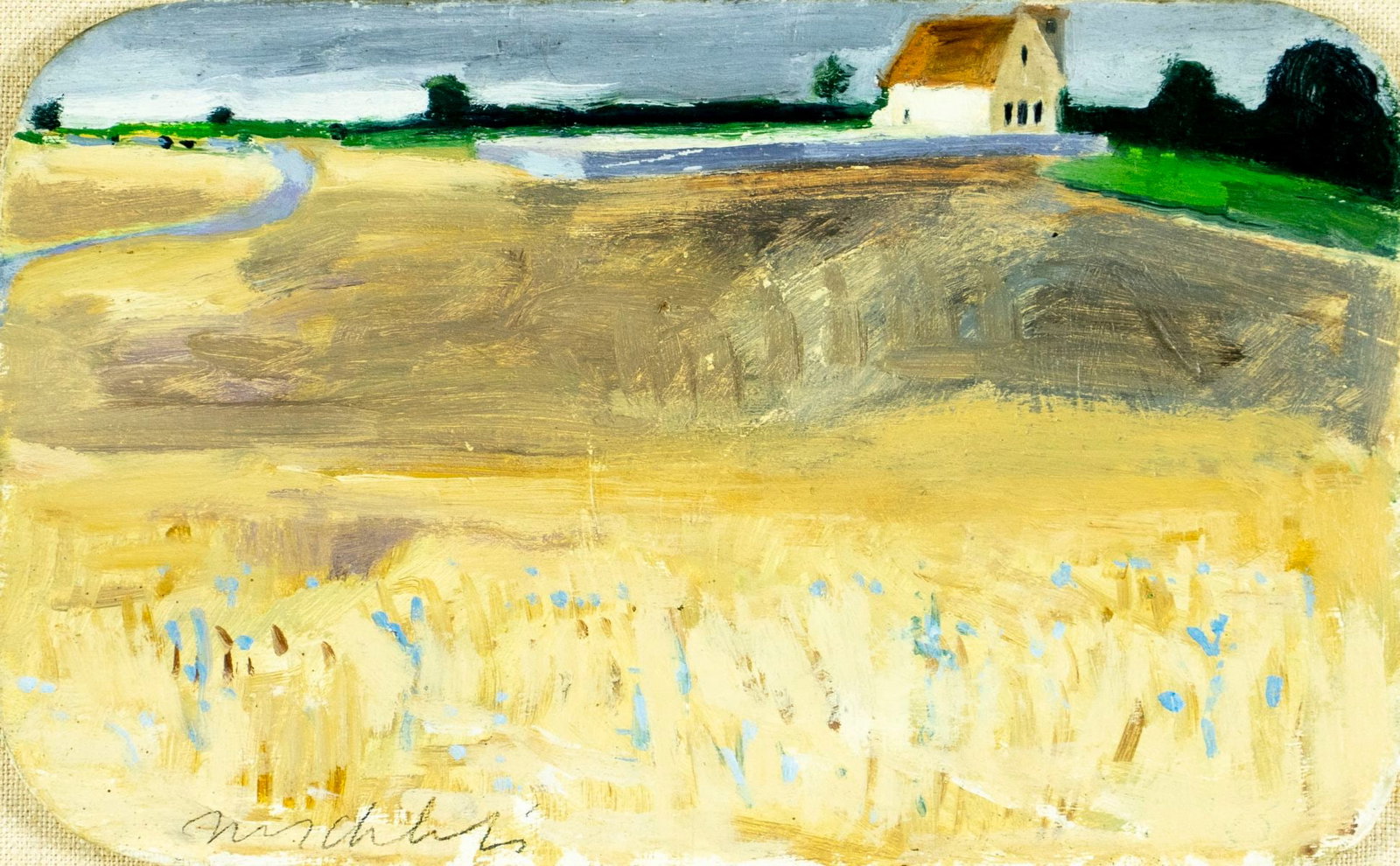 Vintage 20C European oil painting signed: ARTIST: - (Europe, 20 century) TITLE: Chapel in the Garin Fields (titled on label) YEAR: 1987 MEDIUM: oil on board CONDITION: Few small scratches/paint