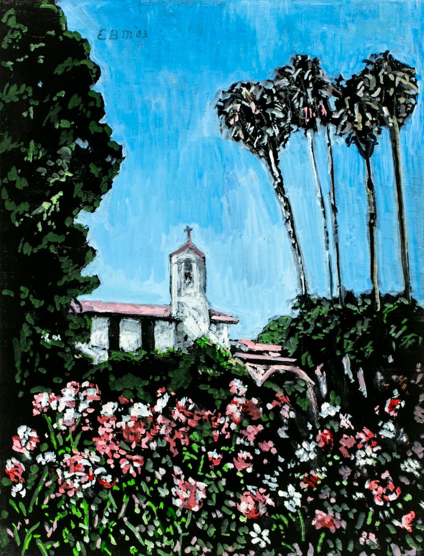 Evelyn Metzger (NY,Brazil,1911-2007) oil painting: ARTIST: Evelyn Borchard Metzger (New York, Brazilian, 1911-2007) TITLE: Landscape with Church and Palm Trees YEAR: 2003 MEDIUM: oil on board CONDITION: F