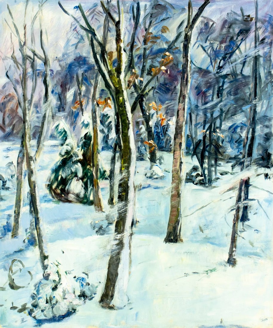 Richard Bassett (MA,NY,FL,1900-1995) oil painting: ARTIST: Richard H Bassett (Massachusetts, New York, Florida, 1900 - 1995) TITLE: Winter Forest Landscape MEDIUM: oil on canvas board CONDITION: Minor damages to corners. Few