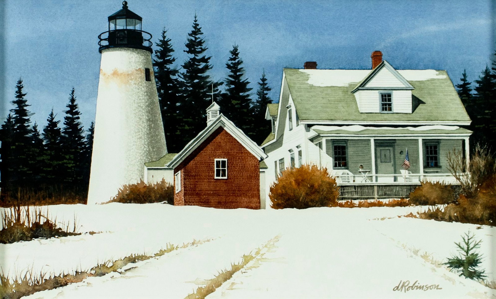 Douglas Robinson (US,20/21C) watercolor painting: ARTIST: Douglas Robinson (American, 20/21 centuries) TITLE: Dyce Head Lighthouse Landscape, ME MEDIUM: watercolor on paper CONDITION: Very good. Framed under glass. Wear to