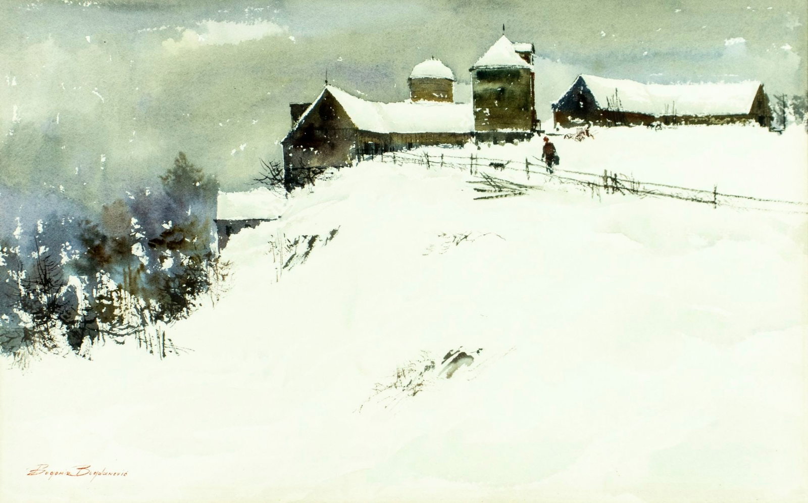 Bogomir Bogdanovic (NY,ME,Yugolsavia,1923-2011) watercolor painting: ARTIST: Bogomir Bogdanovic (New York, Maine, Yugoslavian, 1923 - 2011) TITLE: Winter Village Landscape MEDIUM: watercolor on paper CONDITION: Very good. Framed under glass