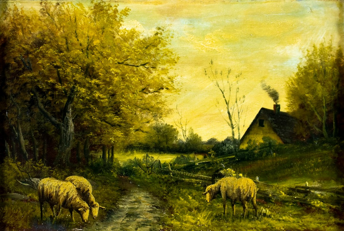 Antique early 20C American oil painting: ARTIST: - (United States, early 20 century) TITLE: Country Landscape with Sheep MEDIUM: oil on canvas CONDITION: Some small paint losses mostly by the edges. Minor craquelur