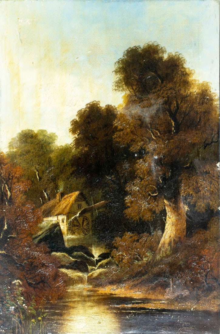 Antique 19C European oil painting: ARTIST: - (Europe, 19 century) TITLE: Watermill Landscape MEDIUM: oil on canvas CONDITION: Few patches. Some scratches/paint losses. Some craquelure. Some scattered small