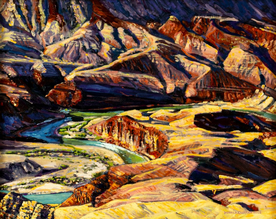 Donald Curran (MO,b 1955) oil painting: ARTIST: Donald Curran (Missouri, born 1955) TITLE: Winding Through (titled on label) YEAR: 2002 MEDIUM: oil on canvas board CONDITION: Very good. No visi