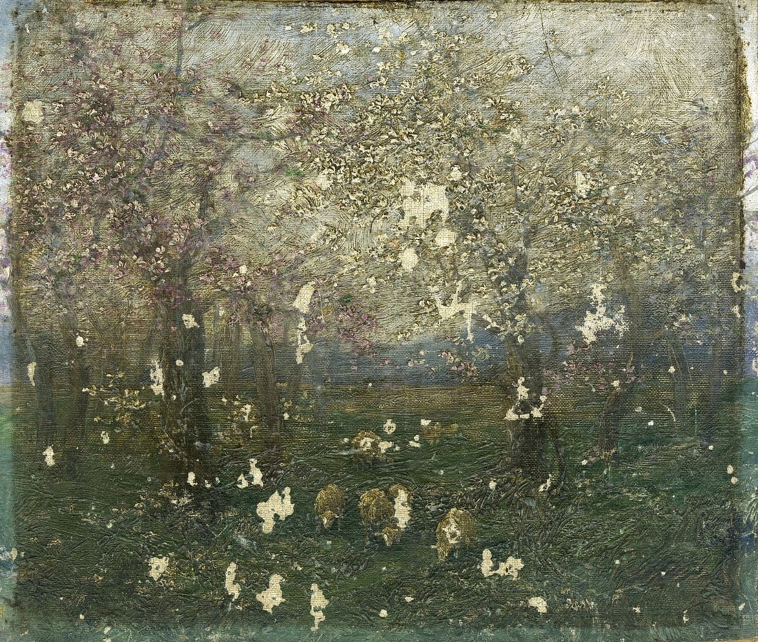 Antique early 20C European oil painting: ARTIST: - (Europe, early 20 century) TITLE: Landscape MEDIUM: oil on canvas. Canvas applied to board. CONDITION: Some scratches/paint losses (see pictures carefully). Some c