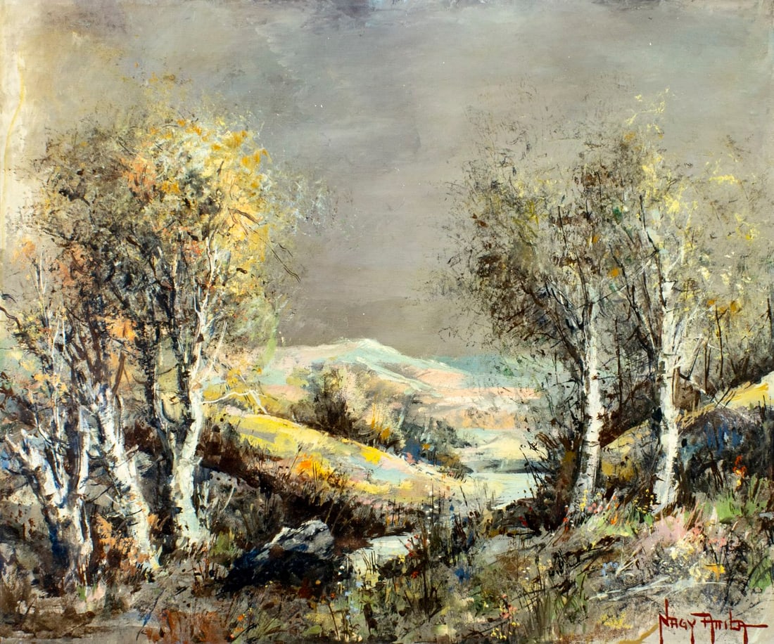 Attila Nagy (Hungary,1928-?) oil painting: ARTIST: Attila Nagy (Hungarian, 1928 - ???) TITLE: Hilly Landscape MEDIUM: oil on canvas CONDITION: Unstretched (In-House stretching available) (In-House stretching availa