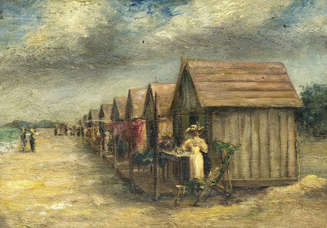 Antique early 20C French oil painting: ARTIST: - (France, early 20 century) TITLE: Coastal Landscape with Beach Huts MEDIUM: oil on board CONDITION: Few minor paint losses. No visible inpaint under UV light. <