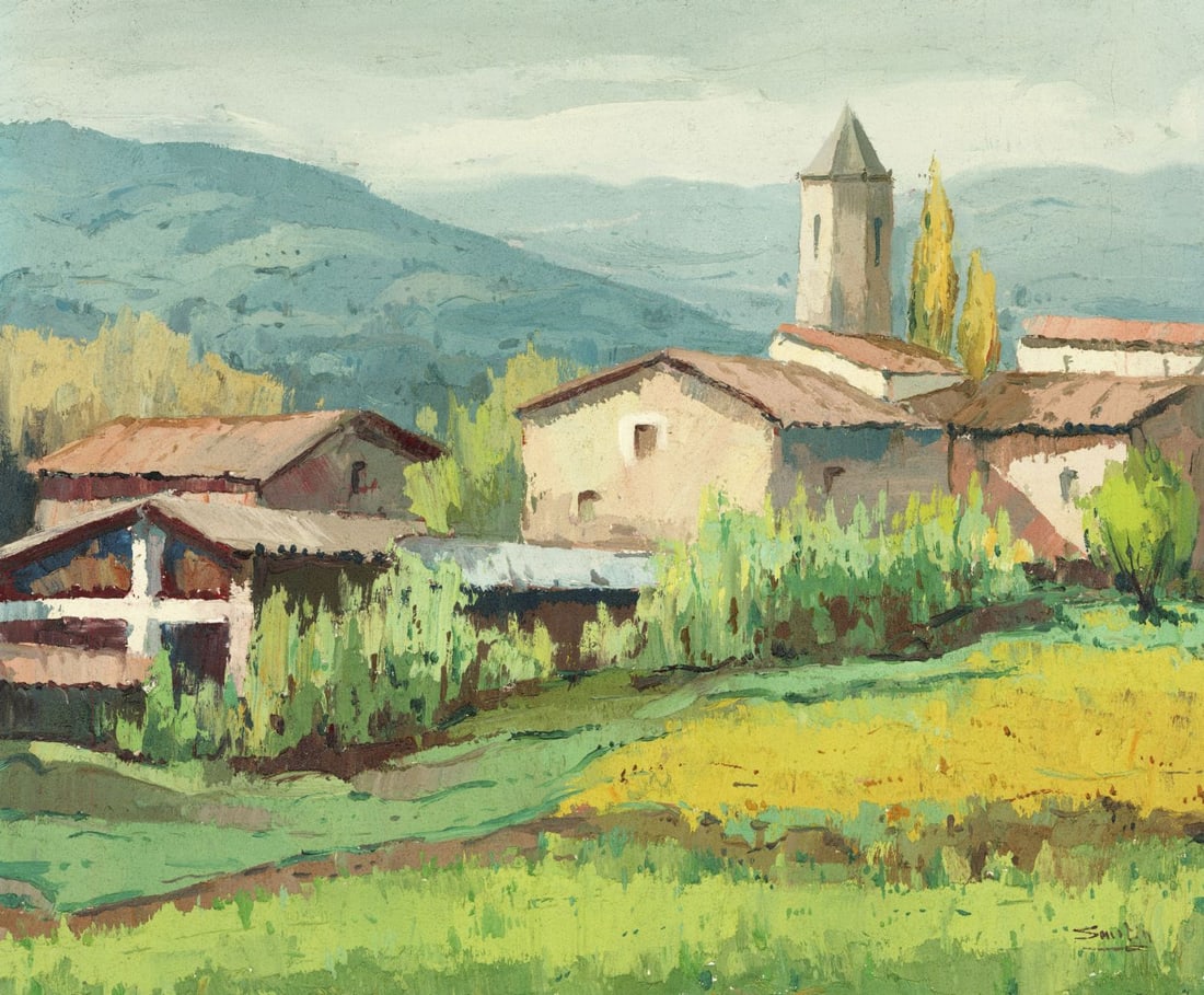 L Santin (Europe,20C) oil painting: ARTIST: L Santin (European, 20 century) TITLE: Mountain Village Landscape MEDIUM: oil on canvas CONDITION: Unstretched (In-House stretching available) (In-House stretching a