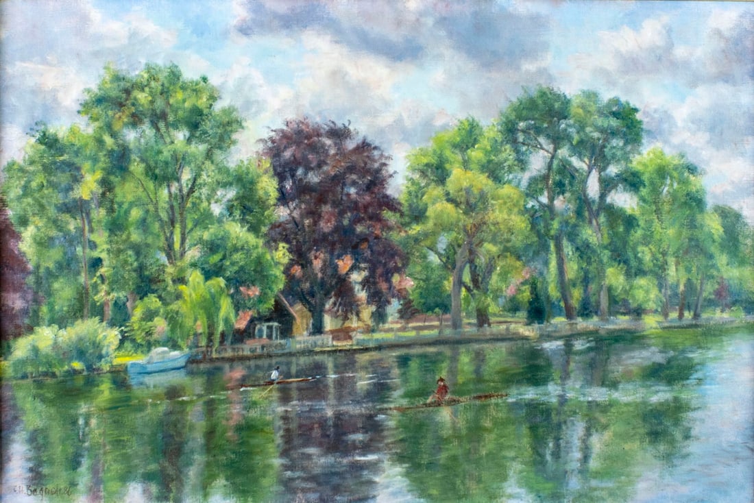G H Bagnoli (US,20C) oil painting: ARTIST: G H Bagnoli (American, 20 century) TITLE: River Landscape YEAR: 1986 MEDIUM: oil on canvas CONDITION: Very good. No visible inpaint under UV ligh