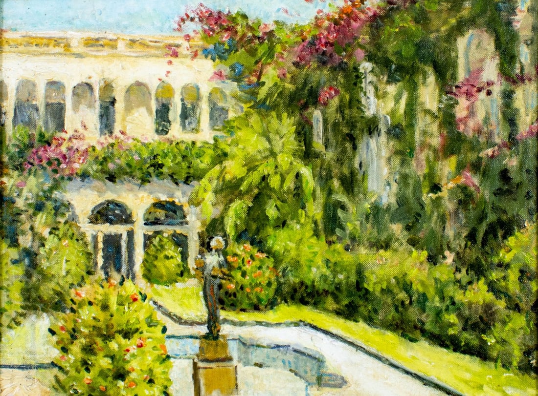 Irene Russell (FL,mid 20C) oil painting: ARTIST: Irene Russell (Florida, mid 20 century) TITLE: Courtyard Scene YEAR: circa 1955 MEDIUM: oil on canvas board CONDITION: Overall good. No visible i