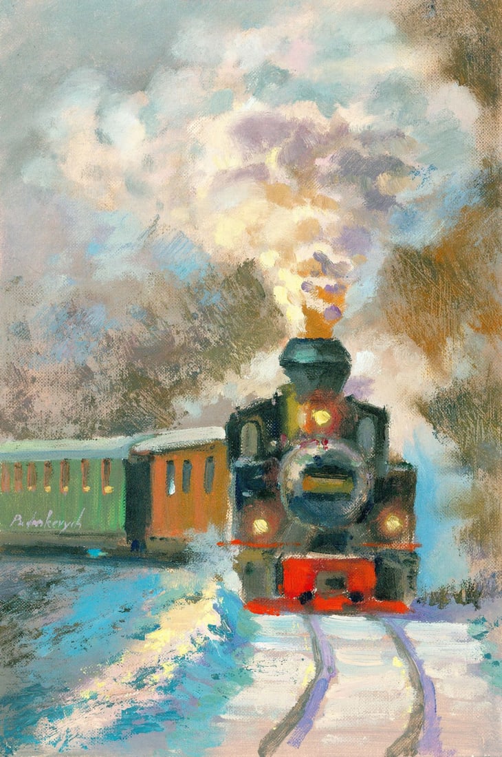 Volodymyr Budenkevych (Ukraine,20/21C) oil painting: ARTIST: Volodymyr Budenkevych (Ukraine, 20/21 centuries) TITLE: Steam Train in Snow MEDIUM: oil on heavy paper CONDITION: Very good. No visible inpaint under UV light.