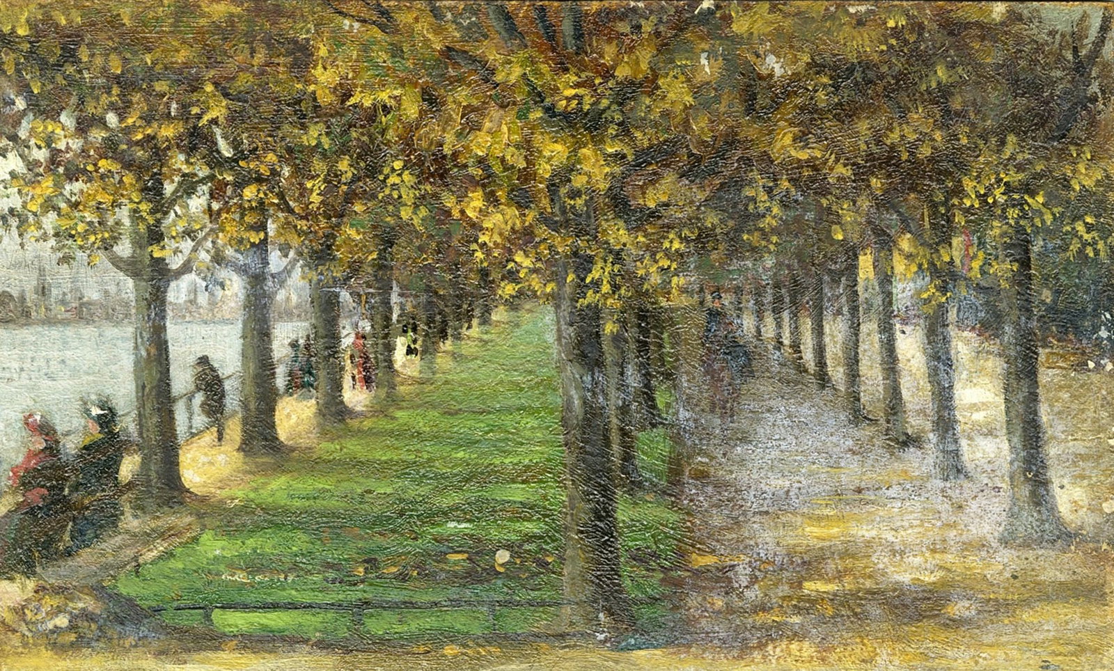 Antique early 20C European oil painting: ARTIST: - (Europe, early 20 century) TITLE: Autumn Park Landscape with Figures MEDIUM: oil on board CONDITION: Some scratches/paint losses (see pictures carefully). No visib