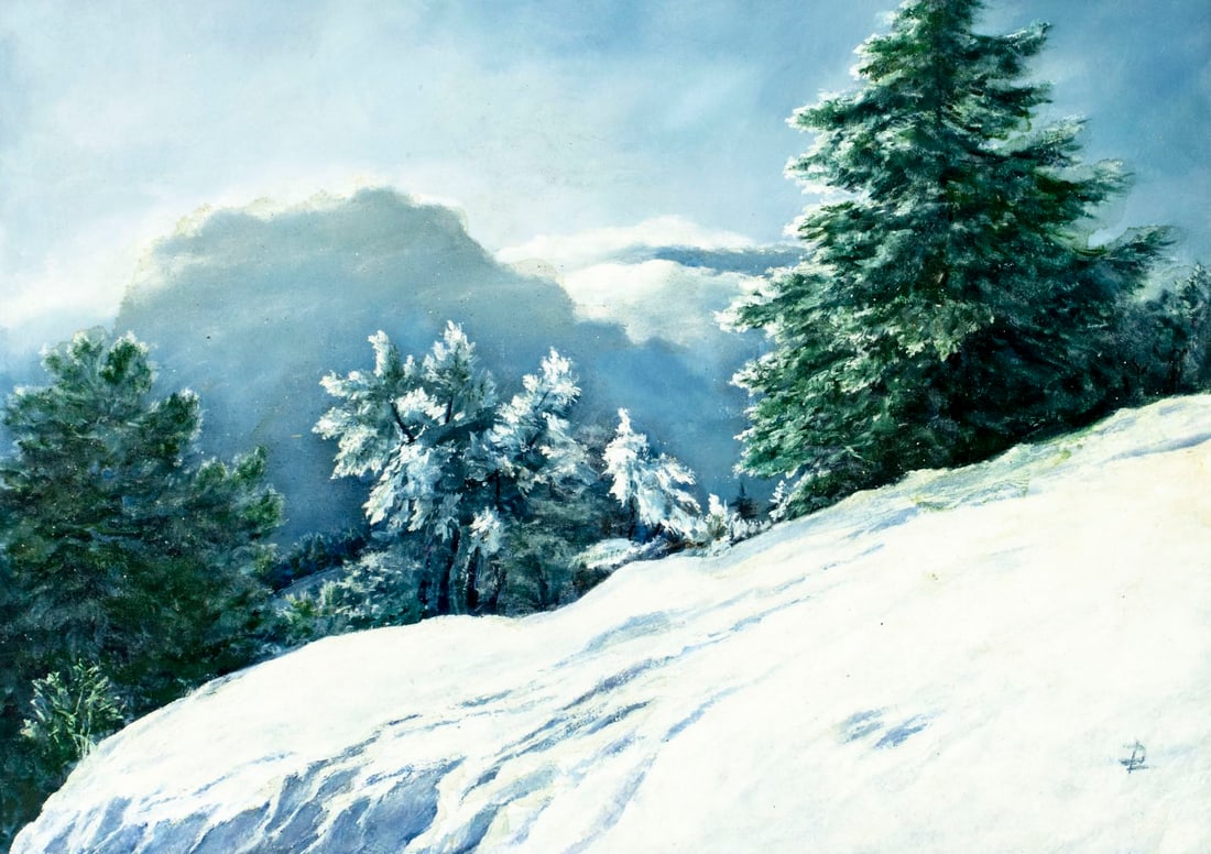 L Dolina (Europe,20C) oil painting: ARTIST: L Dolina (European, 20 century) TITLE: Winter Hilly Landscape MEDIUM: oil on canvas CONDITION: Unstretched (In-House stretching available) (In-House stretching avail