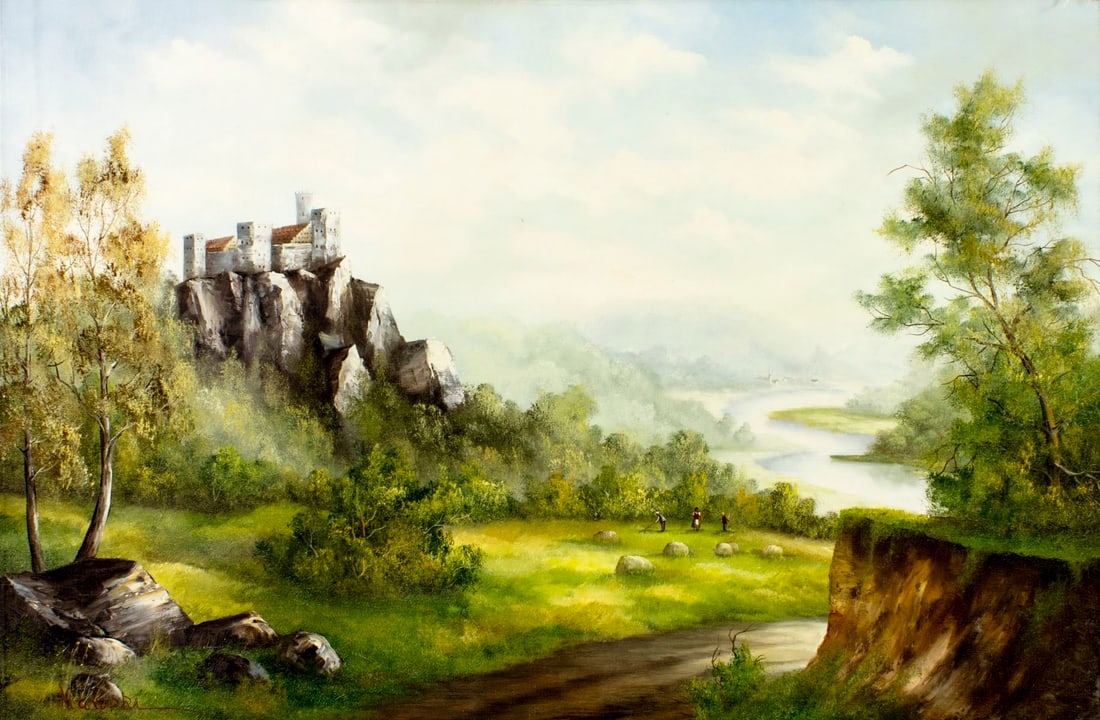 C Karopka (Europe,20C) oil painting: ARTIST: C Karopka (European, 20 century) TITLE: Mountain Landscape with Castle MEDIUM: oil on canvas CONDITION: Unstretched (In-House stretching available) (In-House stretch