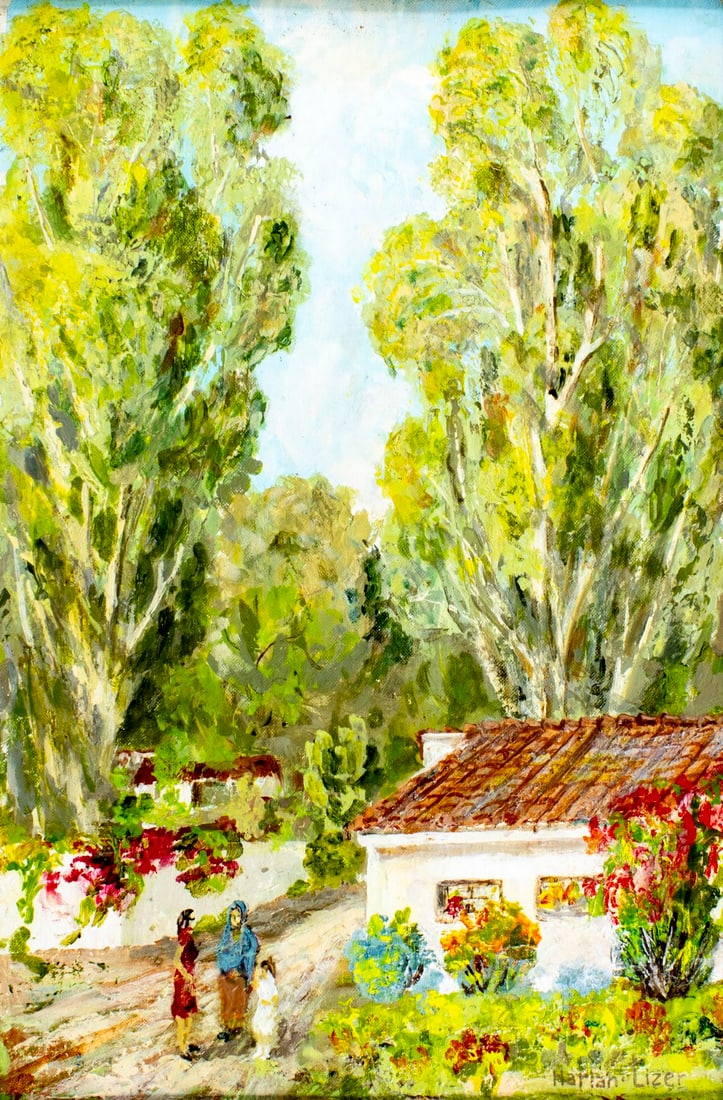 Harlan Lizer (US,1911-2003) oil painting: ARTIST: Harlan Lizer (American, 1911 - 2003) TITLE: Village Landscape with Houses MEDIUM: oil on heavy paper CONDITION: Very good. No visible inpaint under UV light. Wear
