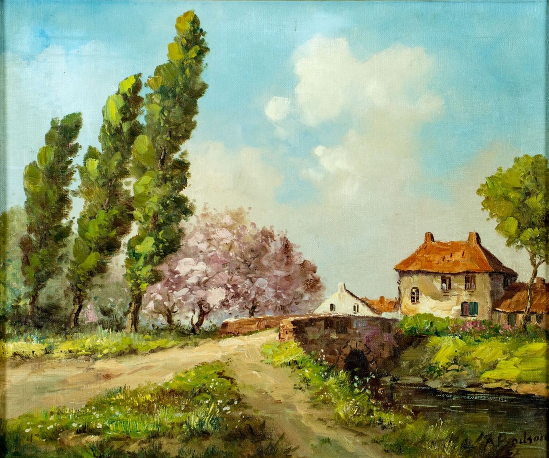 Georges Bodson (US,1901-?) oil painting: ARTIST: Georges Bodson (US, 1901 - ???) TITLE: Countryside Landscape with Bridge MEDIUM: oil on canvas CONDITION: Overall good. No visible inpaint under UV light.
