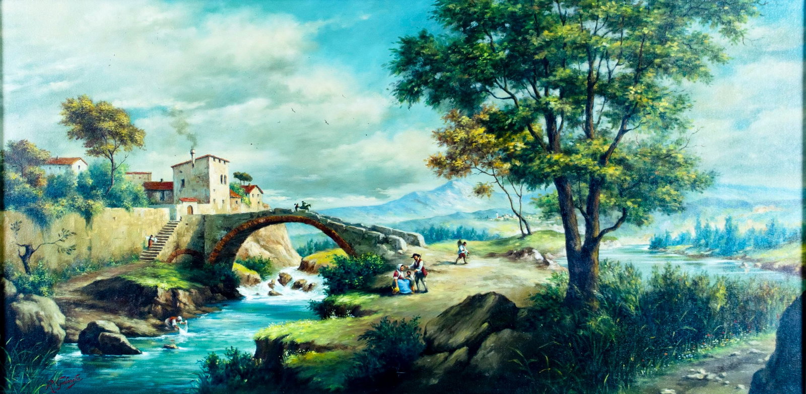 Raffaele Gialanella (NY,20C) oil painting: ARTIST: Raffaele Gialanella (New York, 20 century) TITLE: Country River Landscape MEDIUM: oil on canvas CONDITION: Overall good. No visible inpaint under UV light. Minor dam