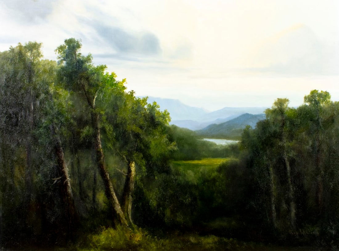Ron Williams (TN,1947-2016) oil painting: ARTIST: Ron Williams (Tennessee, 1947 - 2016) TITLE: Mountain Landscape MEDIUM: oil on canvas CONDITION: Overall good. No visible inpaint under UV light. Normal wear along