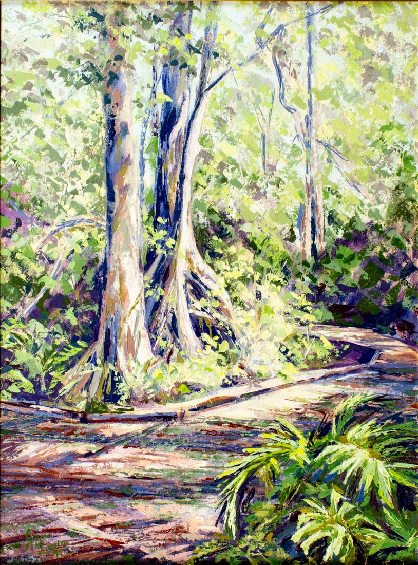 Jan Lower Riznikove (FL,20C) oil painting: ARTIST: Jan Lower Riznikove (Florida, 20 century) TITLE: Landscape - Cypress at Orchid Park, Coral Springs, FL (titled on stretcher) MEDIUM: oil on canvas CONDITION: Very go