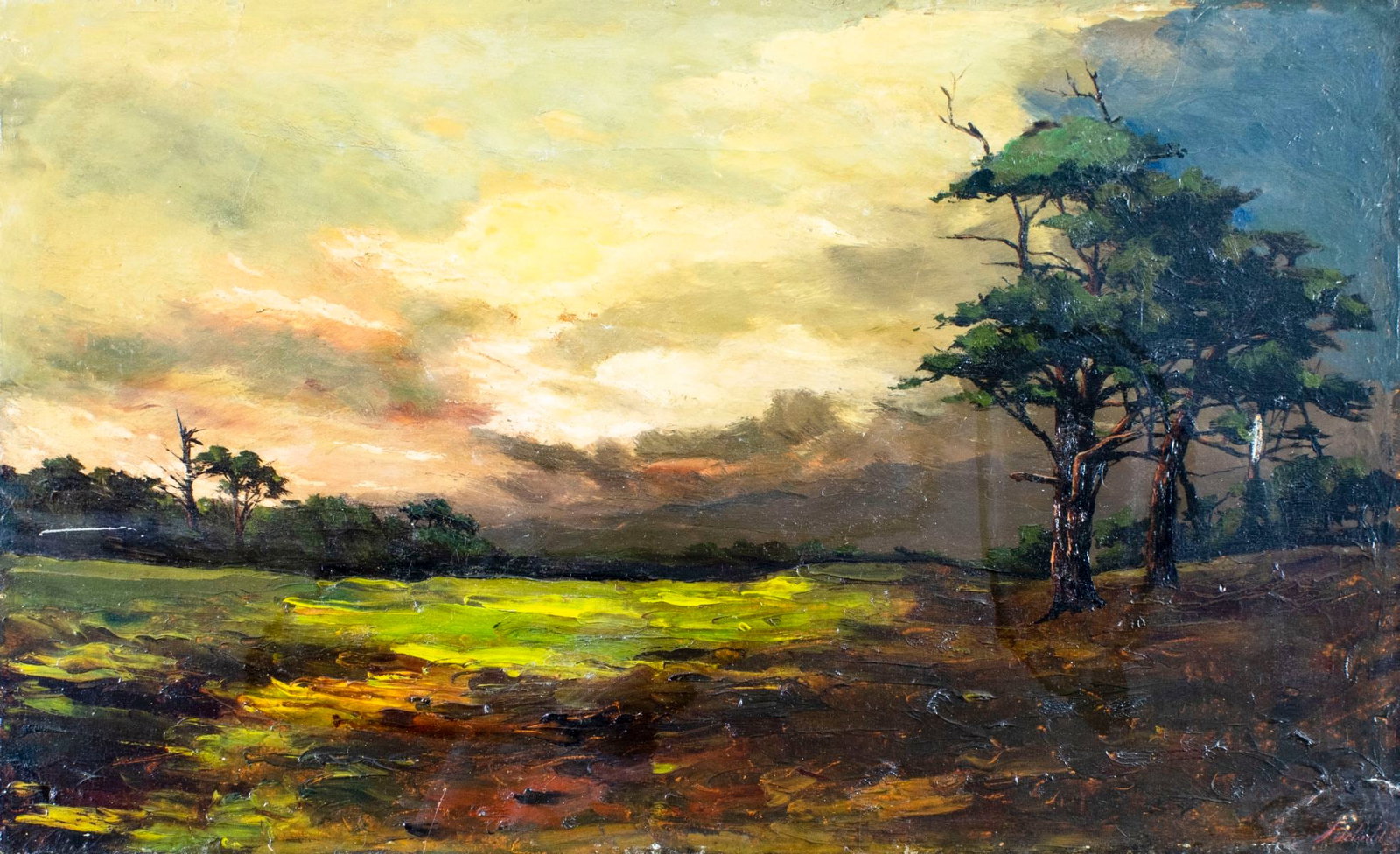 Johann Schuld (CA,Dutch,1870-1943) oil painting antique: ARTIST: Johann Schuld (California, Netherlands, 1870 - 1943) TITLE: Sunset Landscape MEDIUM: oil on board CONDITION: Small damages to edges and corners. Small paint losses