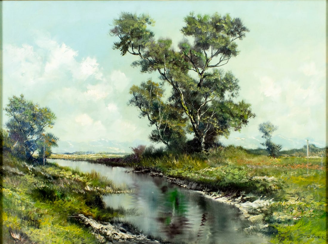 Stoller (German,20C) oil painting: ARTIST: Stoller (Germany, 20 century) TITLE: River Landscape MEDIUM: oil on canvas CONDITION: Some patches. Some paint losses (see pictures carefully). Minor craquelure. No