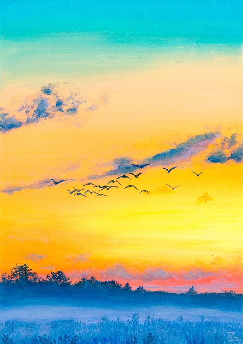 Oleksandr Pukhno (Ukraine,20/21C) oil painting: ARTIST: Oleksandr Pukhno (Ukraine, 20/21 centuries) TITLE: Sunset Landscape with Birds MEDIUM: oil on heavy paper CONDITION: Very good. No visible inpaint under UV light.