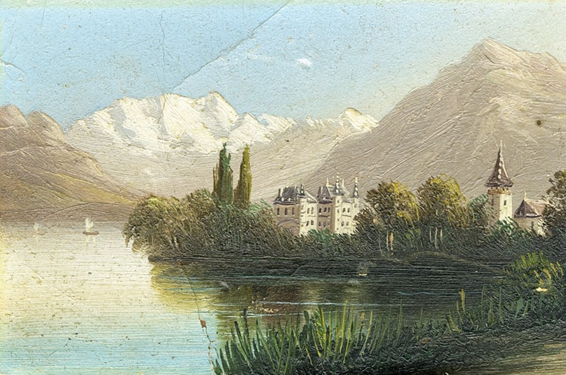 Antique early 20C Swiss oil painting: ARTIST: - (Switzerland, early 20 century) TITLE: Mountain Lake Landscape with Castle, Switzerland MEDIUM: oil on heavy paper CONDITION: Some crease lines. Minor scratches/pa