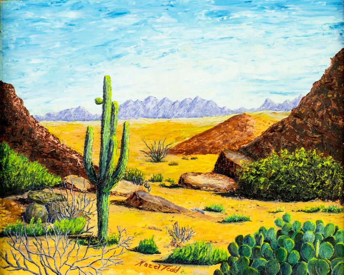 Hazel Todd (AZ,20C) oil painting: ARTIST: Hazel Todd (Arizona, 20 century) TITLE: Desert Landscape MEDIUM: oil on canvas board CONDITION: Missing a few flakes of paint. No visible inpaint under UV light. Wea