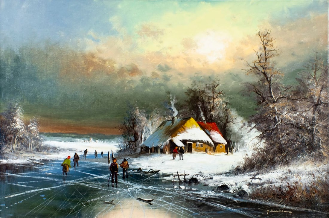 Gunter Seekatz (German,1928-?) oil painting: ARTIST: Gunter Seekatz (Germany, 1928 - ???) TITLE: Winter Village Scene MEDIUM: oil on canvas CONDITION: Unstretched (In-House stretching available) (In-House stretching