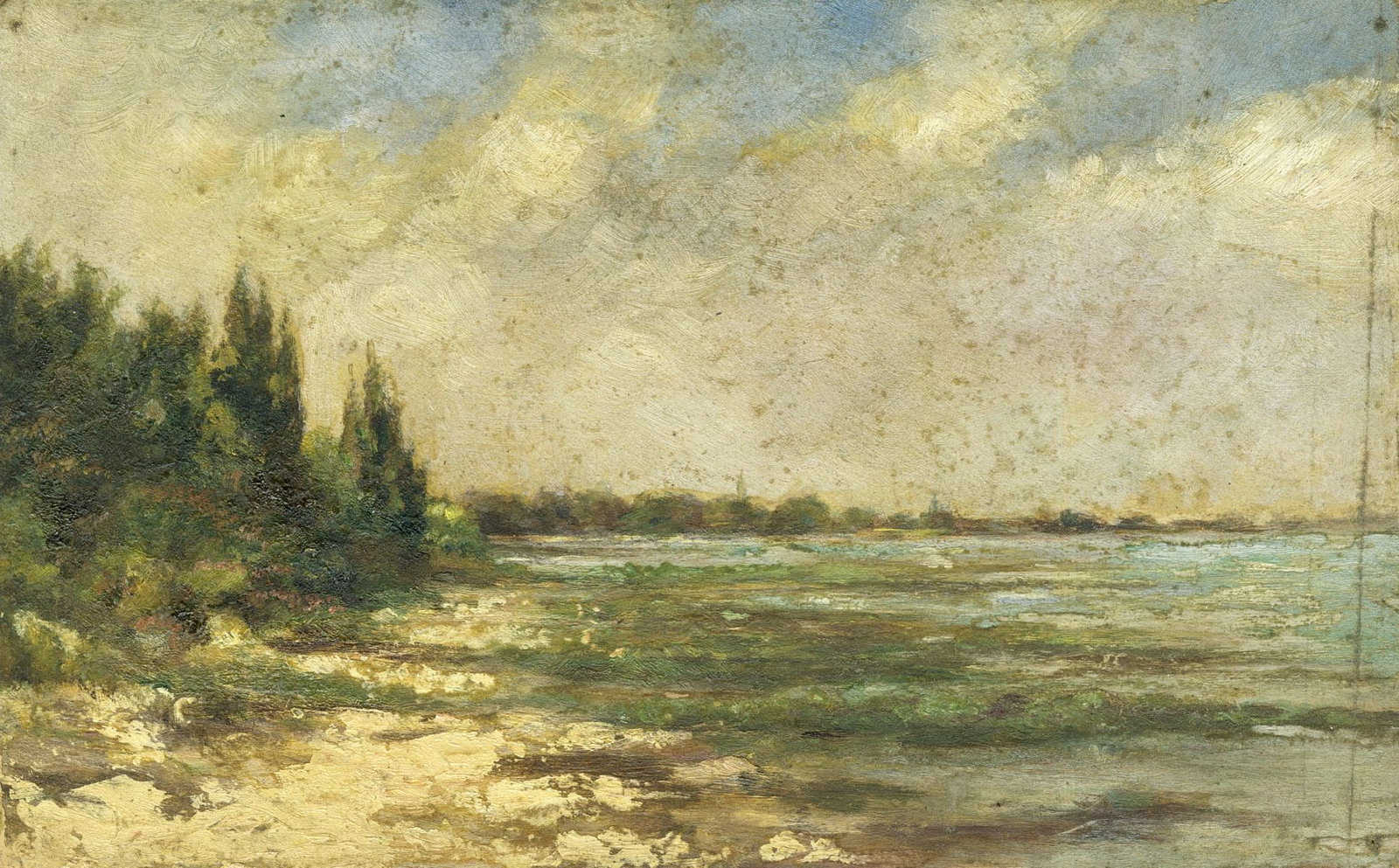 Antique early 20C European oil painting: ARTIST: - (Europe, early 20 century) TITLE: River Landscape MEDIUM: oil on heavy paper CONDITION: Few pinholes by the corners. Minor damages to corners. Some scratches/paint