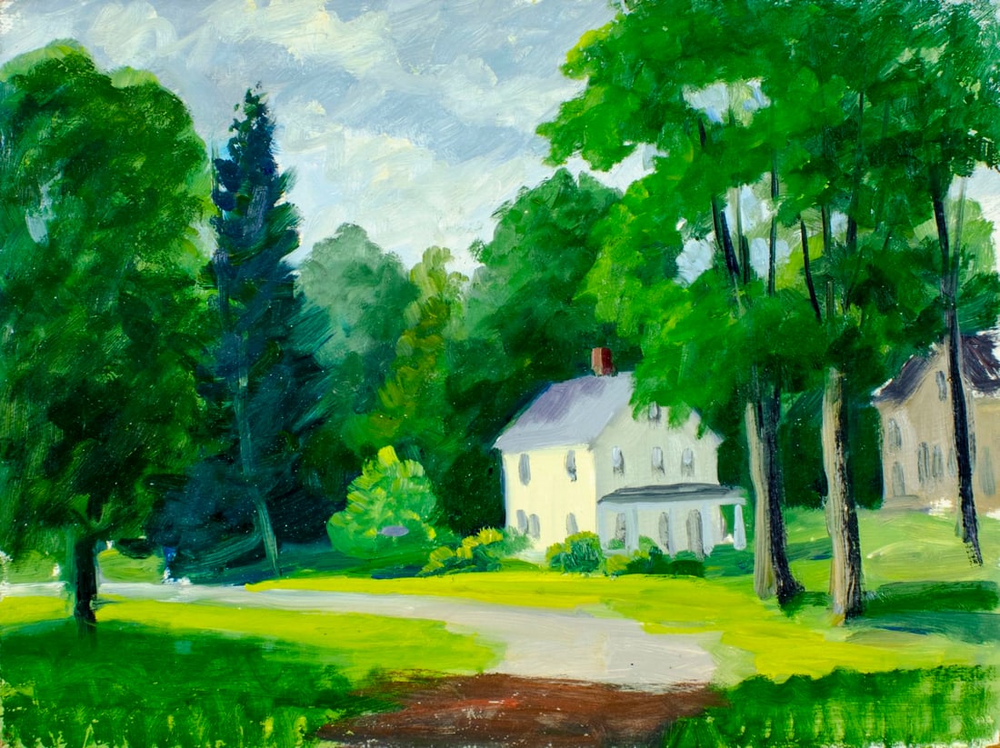 George Holloway (NJ,20C) oil painting: ARTIST: George Holloway (New Jersey, 20 century) TITLE: Countryside Landscape with Cottages MEDIUM: oil on board CONDITION: Few minor paint losses along edges. No visible in