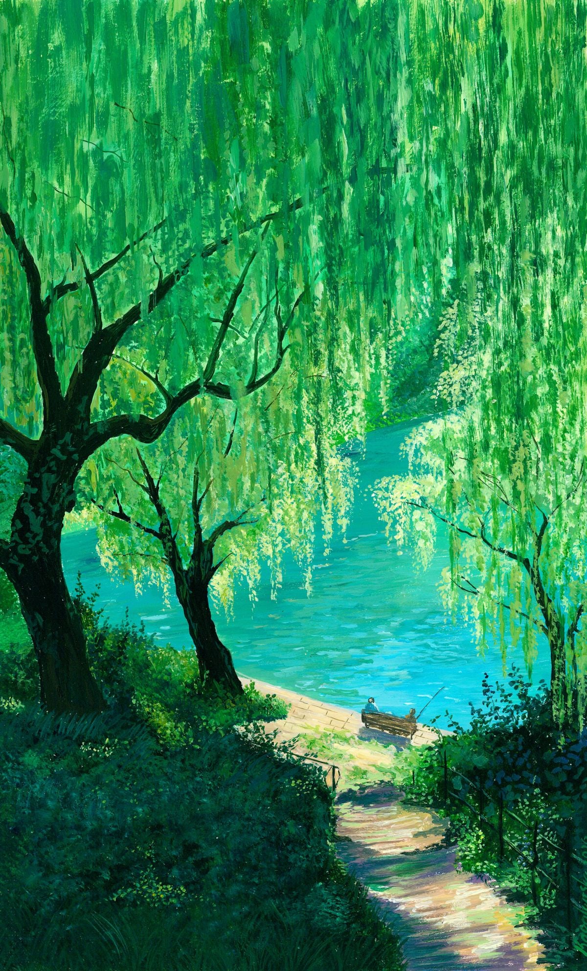 Katerina Kovalevska (Ukraine,20/21C) acrylic painting: ARTIST: Katerina Kovalevska (Ukraine, 20/21 centuries) TITLE: River Landscape with Willows MEDIUM: acrylic on heavy paper CONDITION: Very good. ART SIZE: