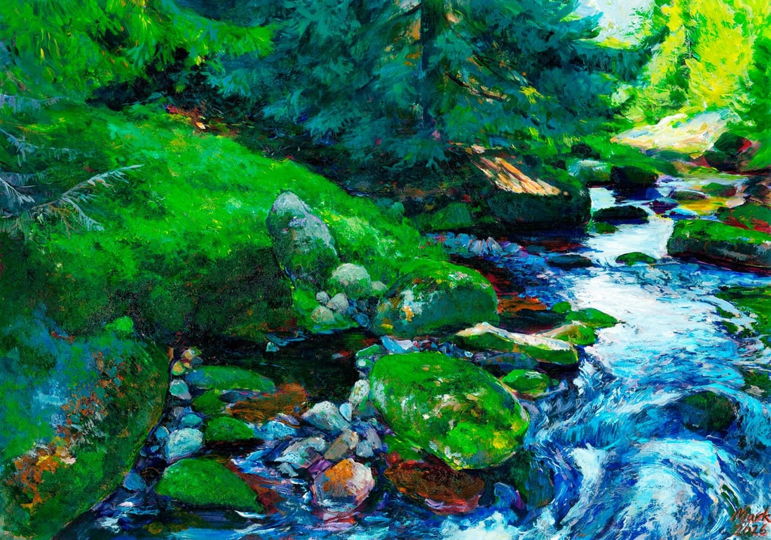 Mark Zybkin (Ukraine,20/21C) oil painting: ARTIST: Mark Zybkin (Ukraine, 20/21 centuries) TITLE: Forest Stream Landscape MEDIUM: oil on heavy paper CONDITION: Very good. No visible inpaint under UV light.
