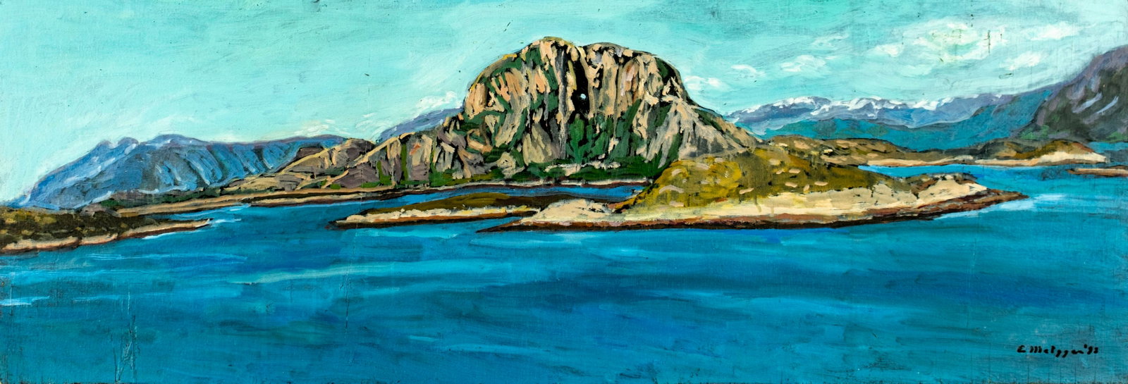 Evelyn Metzger (NY,Brazil,1911-2007) oil painting: ARTIST: Evelyn Borchard Metzger (New York, Brazilian, 1911-2007) TITLE: Coastal Landscape YEAR: 1992 MEDIUM: oil on board CONDITION: Some scratches/paint