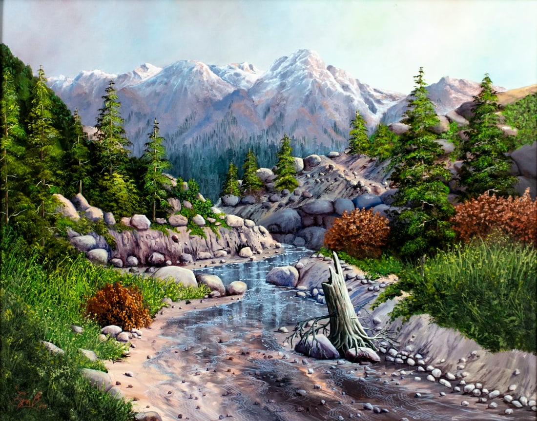 Vintage 20C American oil painting signed: ARTIST: - (American, 20 century) TITLE: Mountain River Landscape YEAR: 1984 MEDIUM: oil on canvas CONDITION: Few small scratches/paint losses mostly by e