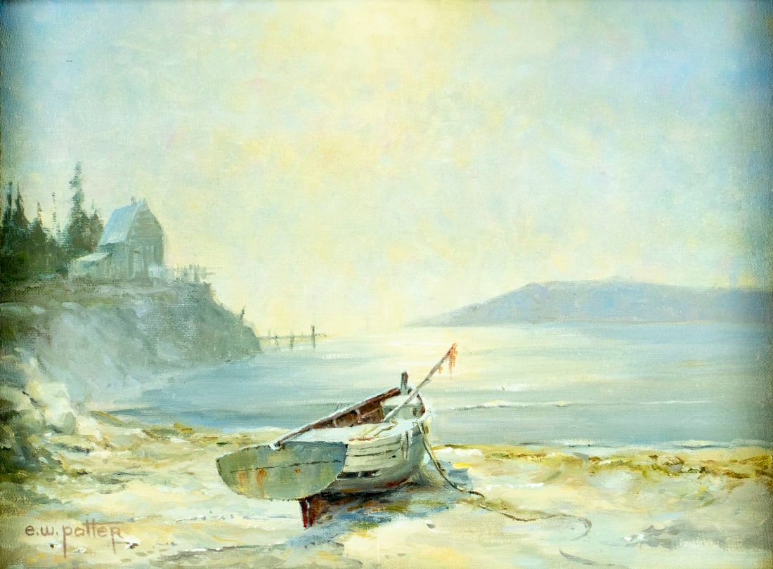 Ellis W Potter (CT,FL,1920-1981) oil painting: ARTIST: Ellis Wellington Potter (Connecticut, Florida, 1920 - 1981) TITLE: Coastal Landscape - Beached (titled on verso) MEDIUM: oil on canvas CONDITION: Few small paint los