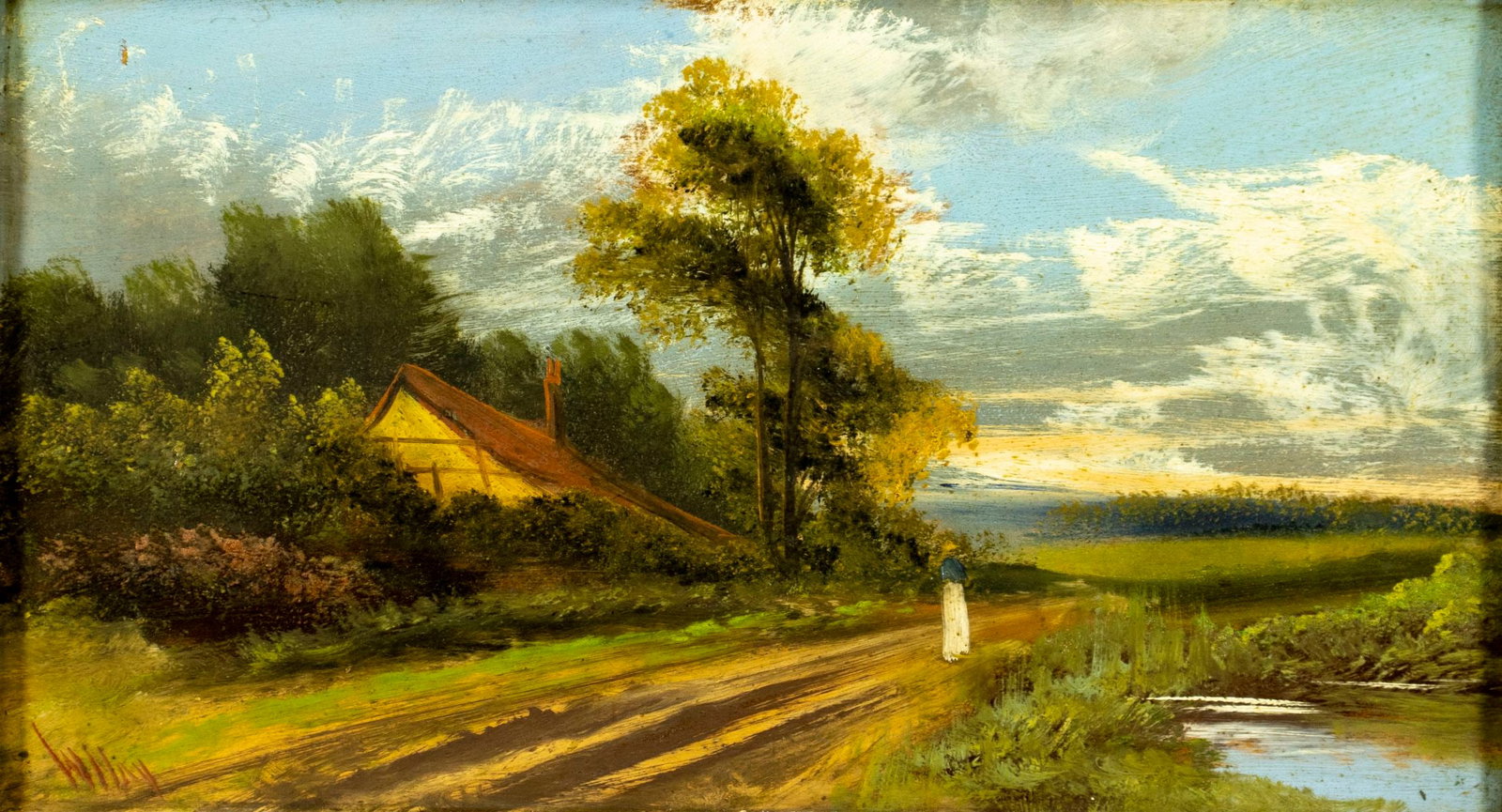 Antique early 20C European oil painting signed: ARTIST: - (Europe, early 20 century) TITLE: Country Landscape with Cottage MEDIUM: oil on board CONDITION: Some scratches/paint losses mostly along edges. No visible inpaint