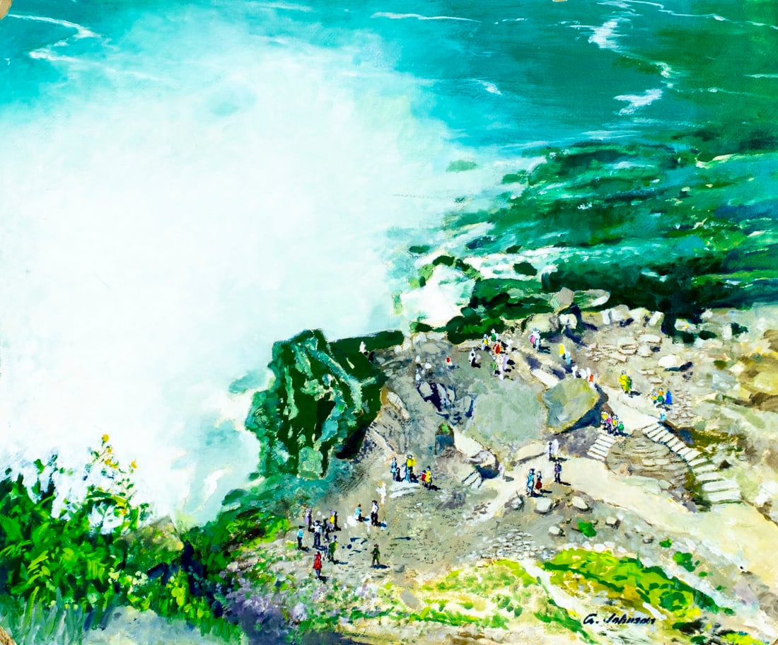 G Johnson (US,mid 20C) oil painting: ARTIST: G Johnson (American, mid 20 century) TITLE: Thunder Hole Landscape, Acadia National Park, ME MEDIUM: oil on board CONDITION: Some damages to corners and edges. Few s