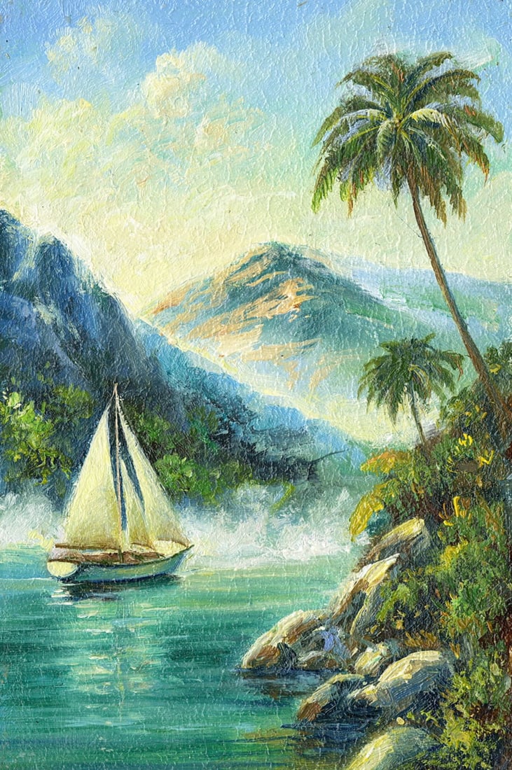 Sergey Kozachkin (Ukraine,b 1965) oil painting: ARTIST: Sergey Vasilievich Kozachkin (Ukraine, born 1965) TITLE: Tropical Coastal Landscape with Sailboat MEDIUM: oil on board CONDITION: Very good. No visible inpaint under