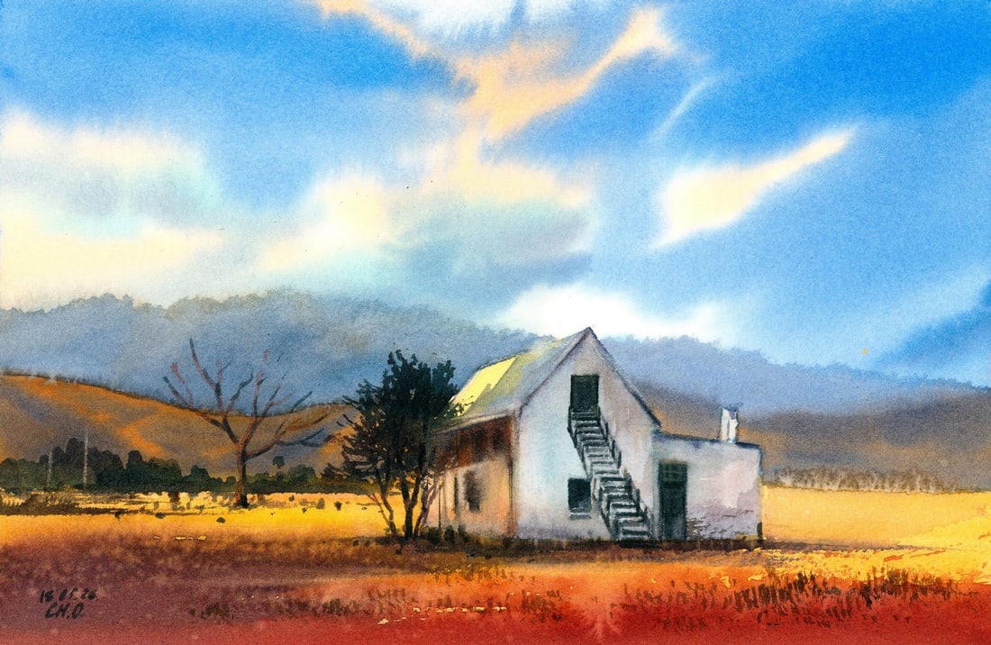 Oksana Chernachuk (Ukraine,b 1989) watercolor painting: ARTIST: Oksana Chernachuk (Ukraine, born 1989) TITLE: Country Landscape with Cottage MEDIUM: watercolor on heavy paper CONDITION: Very good. ART SIZE: 8